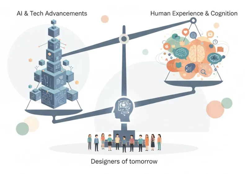 Illustration of a scale balancing 'AI & Tech Advancements' against 'Human Experience & Cognition,' with designers of tomorrow standing below.