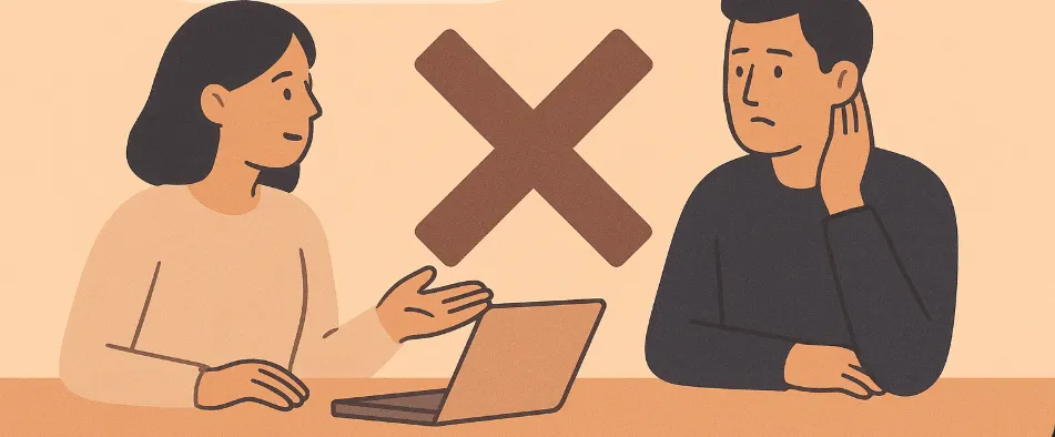 Illustration of two people facing each other at a laptop with a large X between them, showing a communication breakdown.
