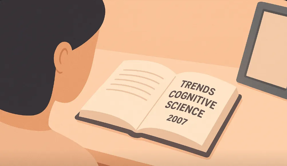 Illustration of a person reading a book titled 'Trends Cognitive Science 2007' next to a tablet.