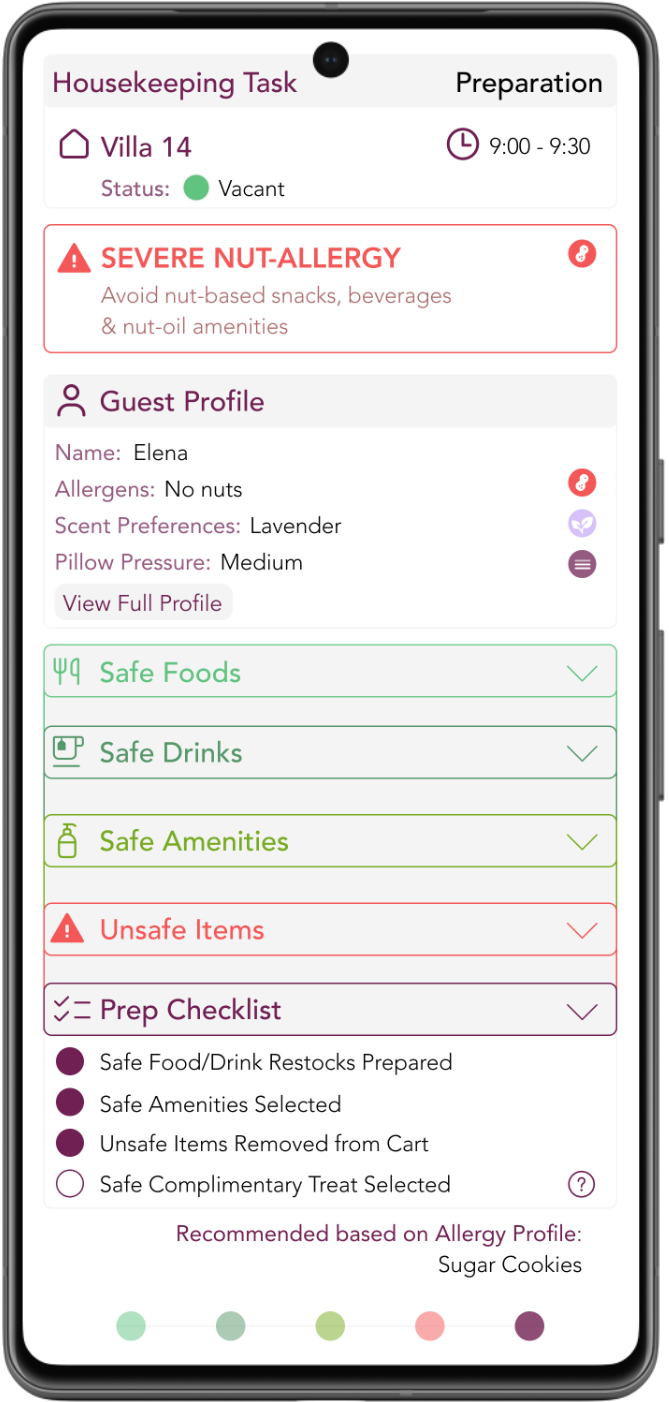 The Allergy Service preparation screen: an allergy alert at the top in red, a split view of safe and unsafe items, and a preparation checklist at the bottom that the housekeeper moves through before entering the villa.