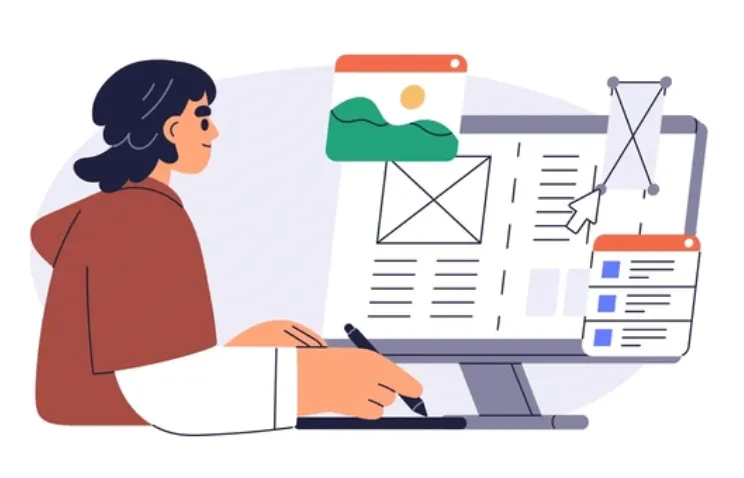 Illustration of Ava at her desk with coffee, laptop, and design tools.