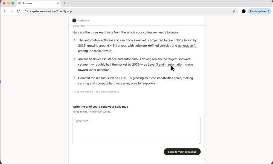 The marked summary in Study 2: tapping a marked phrase opens a drawer in place, showing what the source said beside what the summary kept.