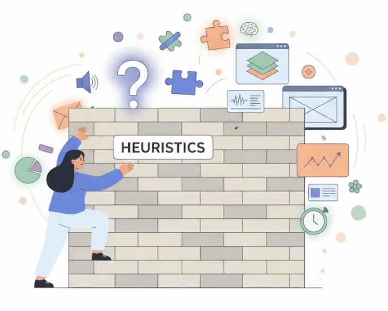Illustration of a designer trying to scale a brick wall labeled 'Heuristics,' with cognitive science concepts hovering on the other side.