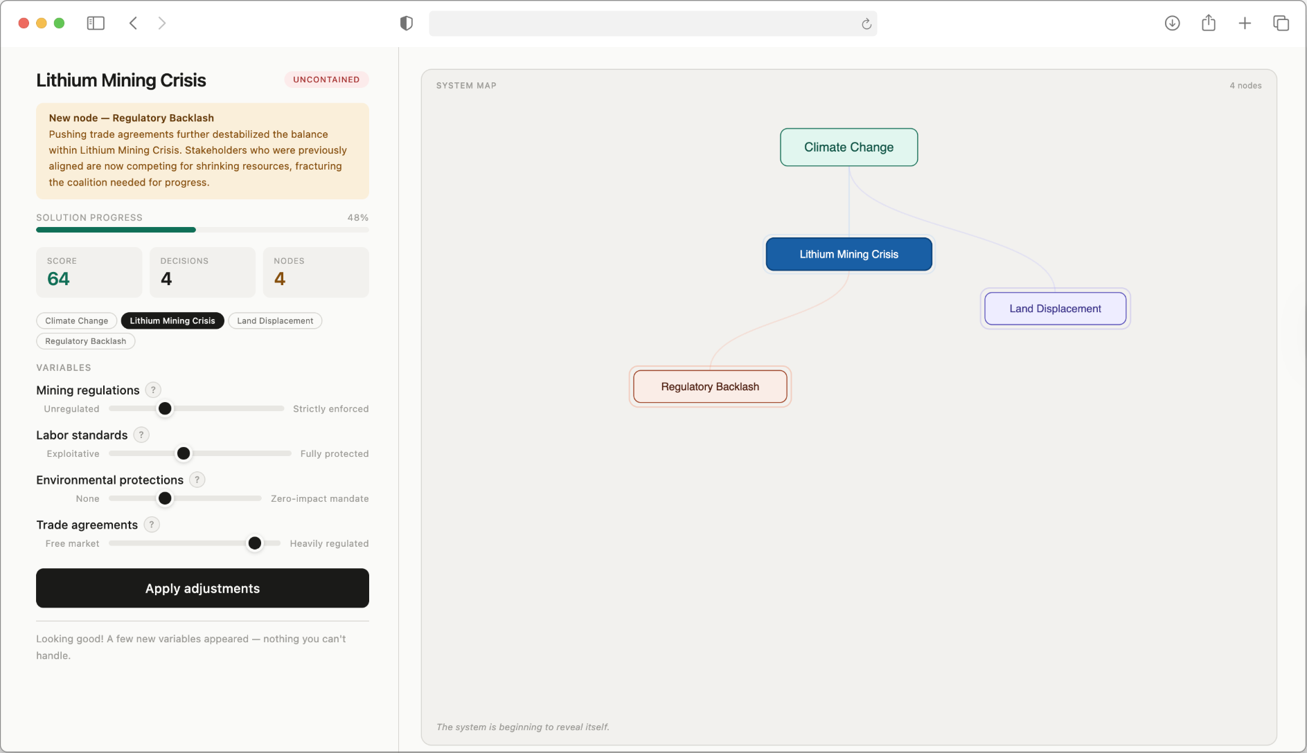 JustFixIt dashboard reorganized around a new node (Lithium Mining Crisis) with its own variables and connections to the broader map.
