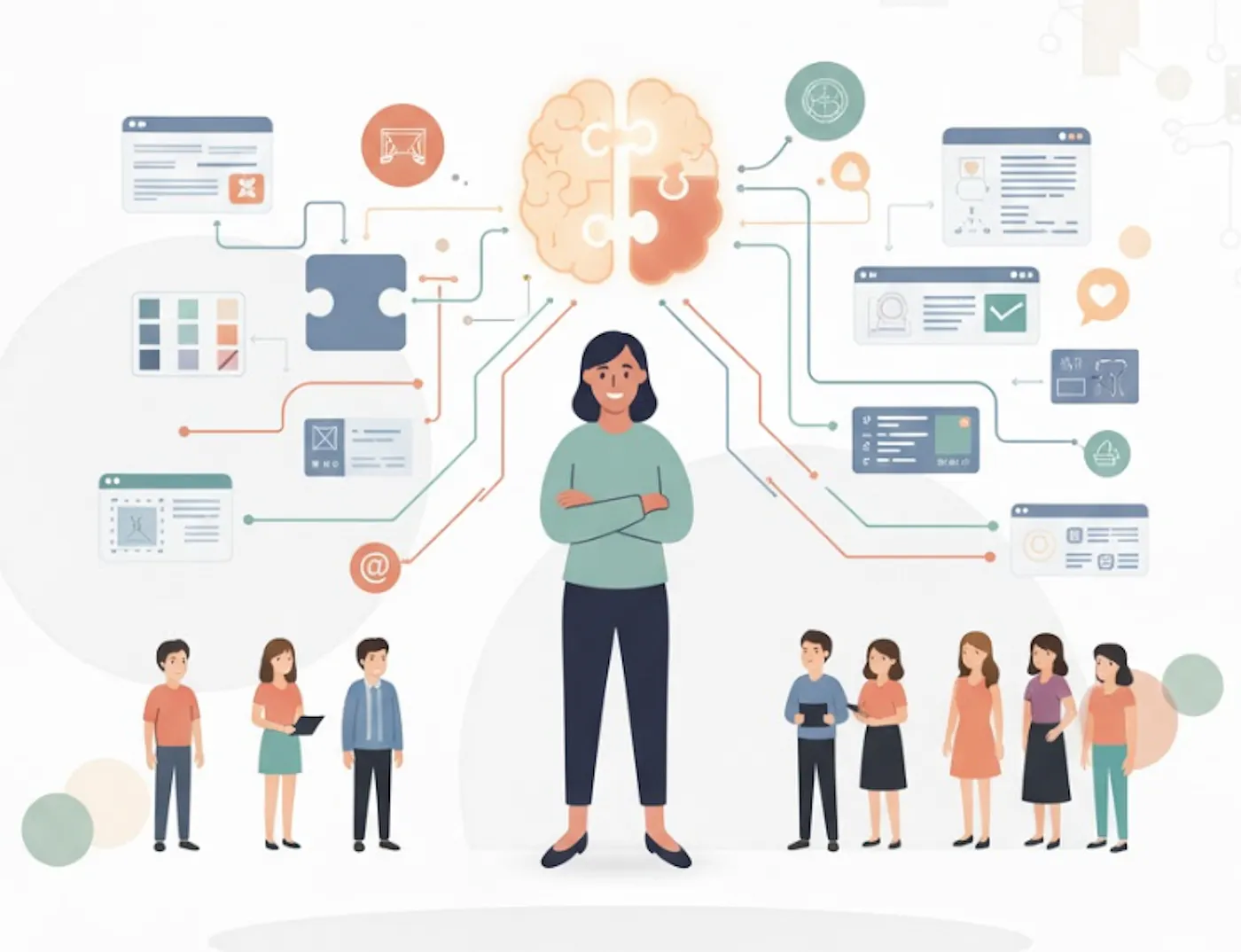 Illustration of a brain at the center of interconnected design tools, screens, and human figures — a vision of cognition-led design.