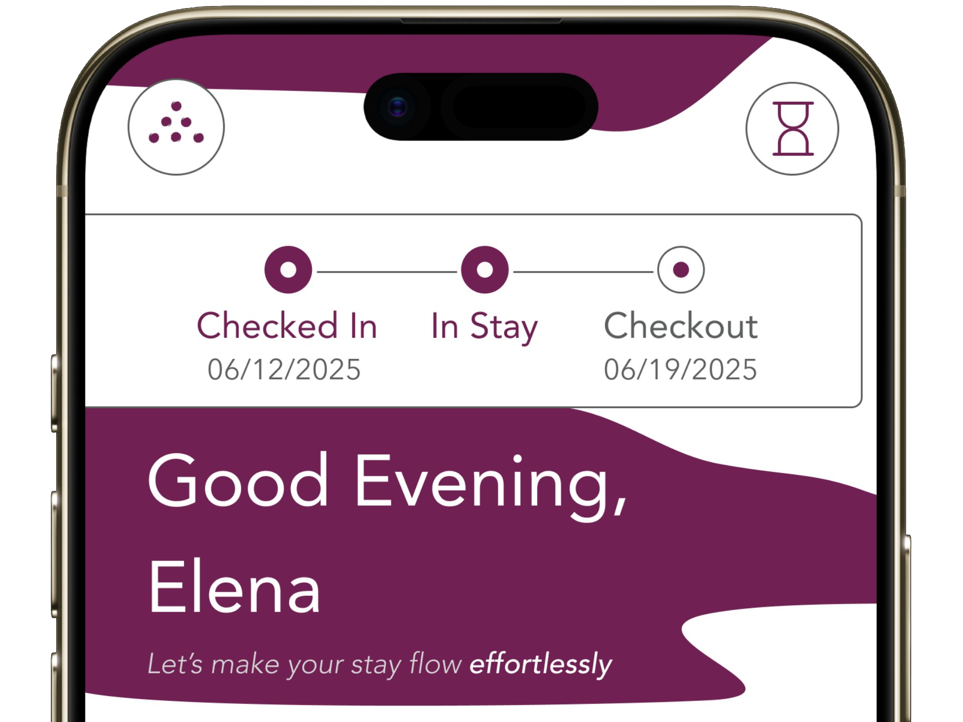 Six Senses Dashboard — phone showing Good Evening, Elena with check-in timeline