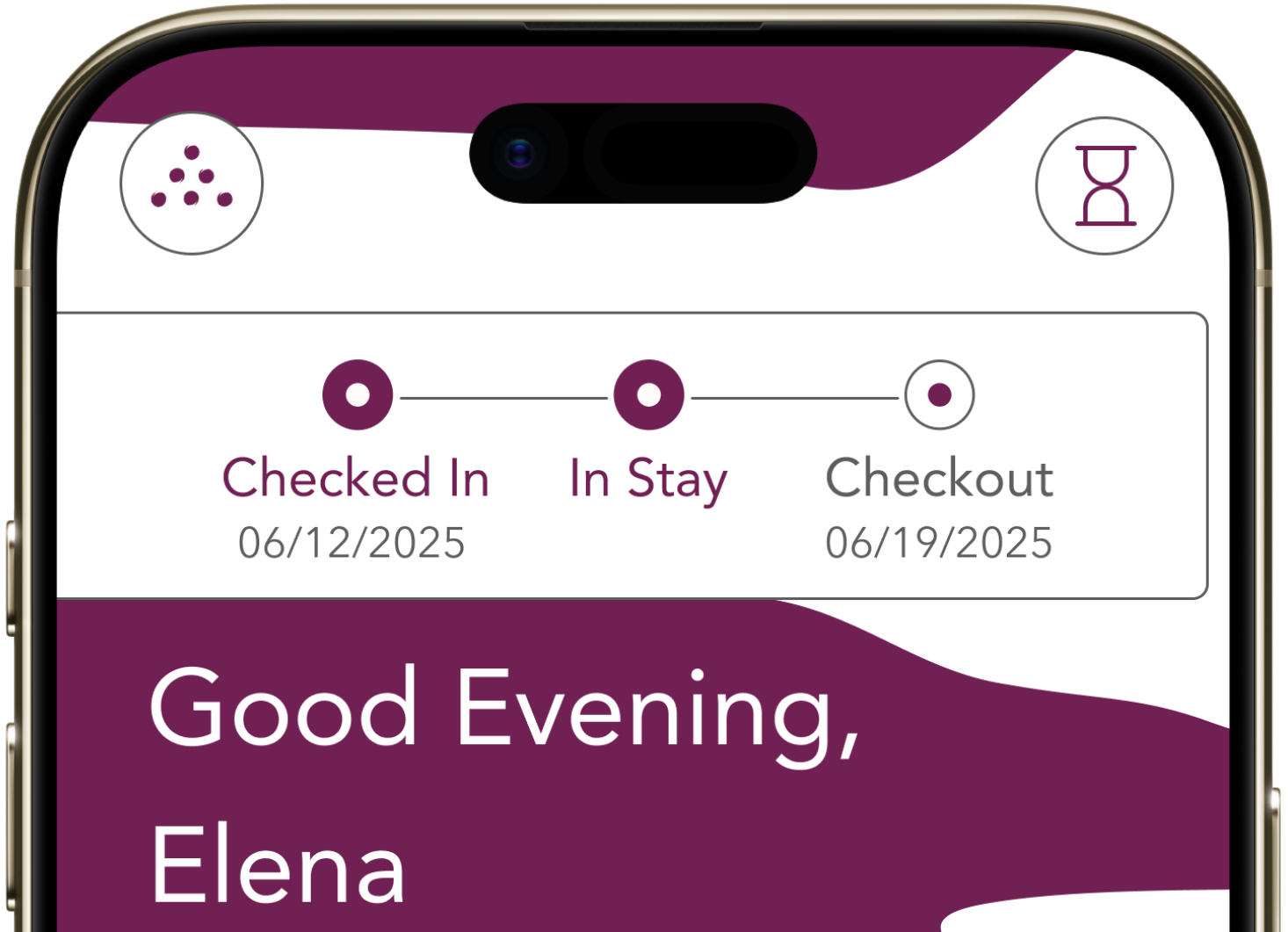 Six Senses dashboard showing the Trip Tracker: a three-stage progress bar at the top with Checked In, In Stay, Checkout.