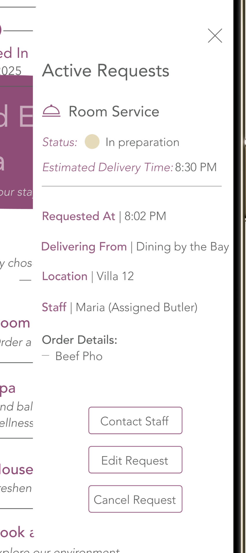 Six Senses dashboard with an Active Request card showing order status, ETA, location, assigned staff member, and a contact button.