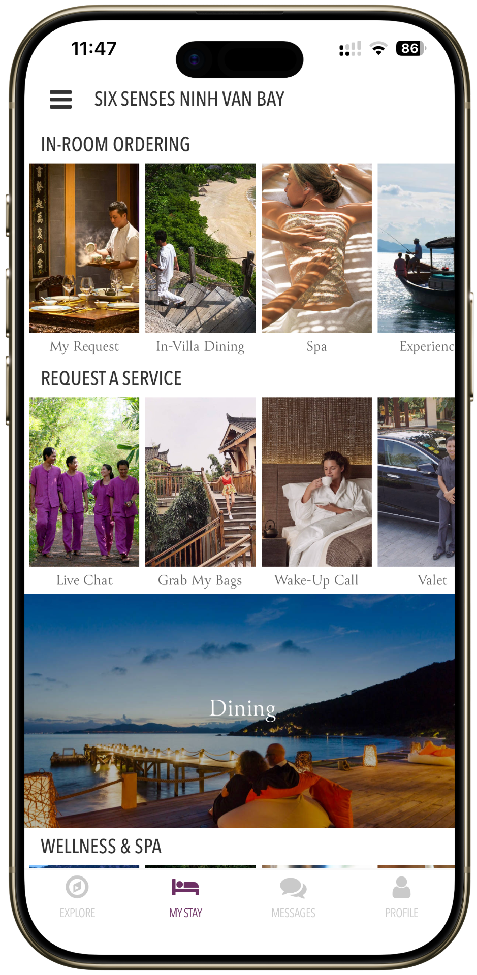 The original Six Senses guest dashboard — a mobile screen showing twelve service categories with editorial photography, promotional content, and overlapping entry points.